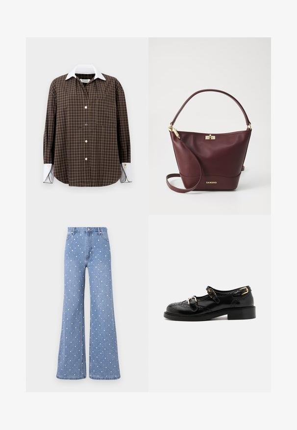 Bruine en groene geruite overhemd met een witte kraag, lange mouwen, knoopsluiting aan de voorkant en één borstzak; heeft een subtiele textuur en een ronde zoom.; Lichtblauwe flared jeans met een gestippeld patroon van witte en zilveren studs, voorzien van een standaard tailleband en een sluiting met voorknop.; Zwarte leren schoenen met brogue-details, voorzien van twee gespsluitingen, een ronde neus en een lage hak. Glad oppervlak met een glanzende afwerking.; Bordeaux lederen handtas met een gestructureerde vorm, een platte bodem, een ronde handgreep en gouden accenten met een sluiting en logo-detail.