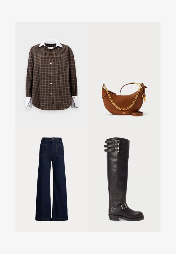 Brun og grøn ternet skjorte med hvid krave, lange ærmer, knaplukning foran og enkelt brystlomme; har subtil tekstur og afrundet kant.; Bredde ben mørkeblå denimjeans med høj talje, fem lomme-design og kontrasterende syninger. Har knaplukning og en struktureret form.; Sorte læder støvler til knæene med rund tå, tre spændebånd øverst og en detalje med sidebuckle. Flad sål og glat tekstur.; Brun læderhandtaske med et buet design, guld kædestropp, indvendig lomme og en aftagelig skulderrem. Har kontrastsyning.