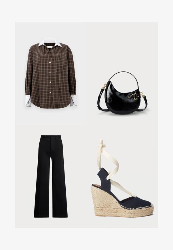 Brun och grön rutig skjorta med vit krage, lång ärm, knäppning fram och en bröstficka; har subtil textur och rundad fåll.; Svarta breda byxor i vävt tyg, med hög midja, knappstängning fram och sidfickor. Slät textur med rena linjer.; Marinblå canvas kilklackssandal med espadrille-repsula och krämfärgade bandknytningar runt ankeln. Stängd häl och rund tådesign.; Svart patenterad läderhandväska med en böjd form, justerbar rem och detaljer i guldton på sidan. Slät, glänsande yta.
