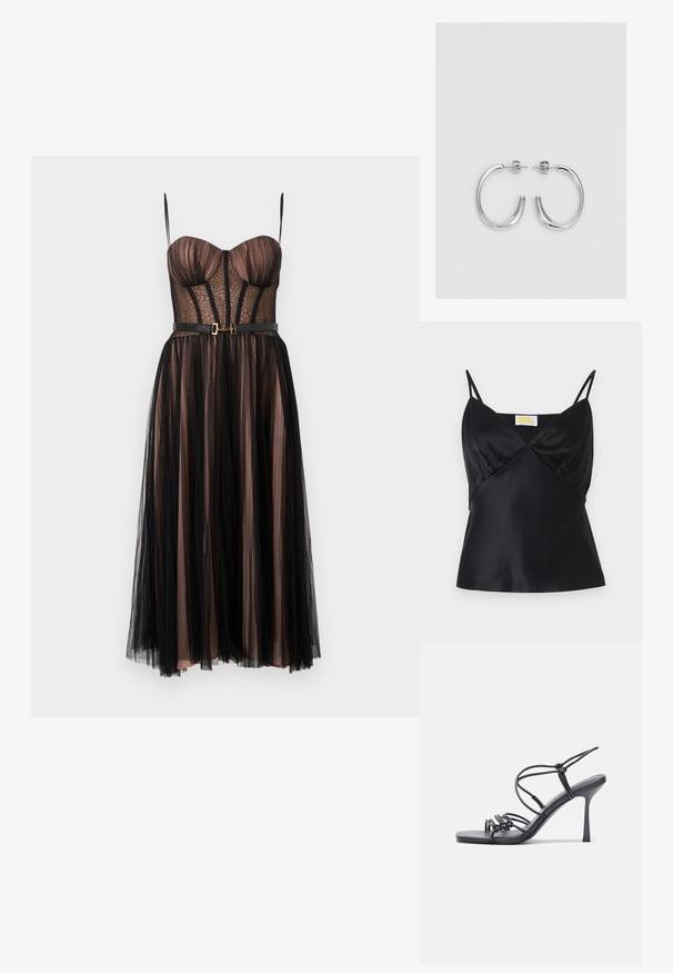 Crna satenska top-haljina s tankim podesivim naramenicama, V-izrezom i prilagođenim siluetom koja ima suptilan sjaj i glatku teksturu.; Haljina za večernje izlaske od crnog tila bez naramenica s golim donjim slojem, prozirnim čipkastim korzetom, strukturiranim košaricama i tankim crnim remenom u struku.; Crne sandale na visokoj potpetici imaju tanke trake s čvorastim dizajnom, glatki kvadratni vrh i elegantnu stiletto petu.; Svijetlosivi metalik ruksač s lancem, ukrašen malim okruglim metalnim zakovicama i trokutastim logotipom marke.; Srebro naušnice u obliku prstena s glatkom, sjajnom završnom obradom. Zaobljenog oblika, laganog dizajna, s kopčom na poleđini.