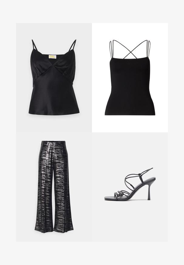 Black satin camisole featuring thin adjustable straps, a V-neckline, and a fitted silhouette with a subtle sheen and smooth texture.; Samsøe Samsøe SANEHA - Top - black; Black wide-leg pants with a shiny sequin texture and a wavy pattern. High waist design, flowing silhouette, and smooth finish.; Black high-heeled sandals feature thin straps with a knotted design, a smooth square toe, and a sleek stiletto heel.