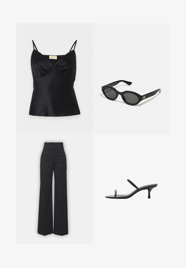 Svart satin camisole med tunna justerbara band, V-ringning och en figursydd silhuett med subtil glans och slät textur.; Vida byxor i svart tyg med hög midja, med en ren finish och mjuk textur. Ingen synlig hårdvara eller mönster.; Svart klack sandalett med en elegant design, med smala remmar och en unik accent fram. Slät textur med spetsig tå och 7,5 cm klack.; Svarta ovala solglasögon med mörka linser och blank plastbåge. Utrustade med en gyllene logotyp på bågen, vilket ger en snygg och modern design.; Svart vävd toteväska med dubbla handtag och en avtagbar axelrem. Har en öppen topp och ett strukturerat, lätt material.
