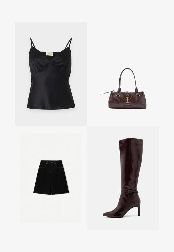 Camisola nera in satin con spalline sottili regolabili, scollatura a V e silhouette aderente con una leggera lucentezza e una texture liscia.; Pantaloni shorts di denim neri con vestibilità ampia, dotati di cinque tasche, dettagli di cucitura gialla e design a vita media.; Anna Field Stivali alti - bordeaux; Borsetta in pelle marrone scuro con due manici superiori, dettagli in metallo dorato, chiusura frontale e texture cucite sui lati.