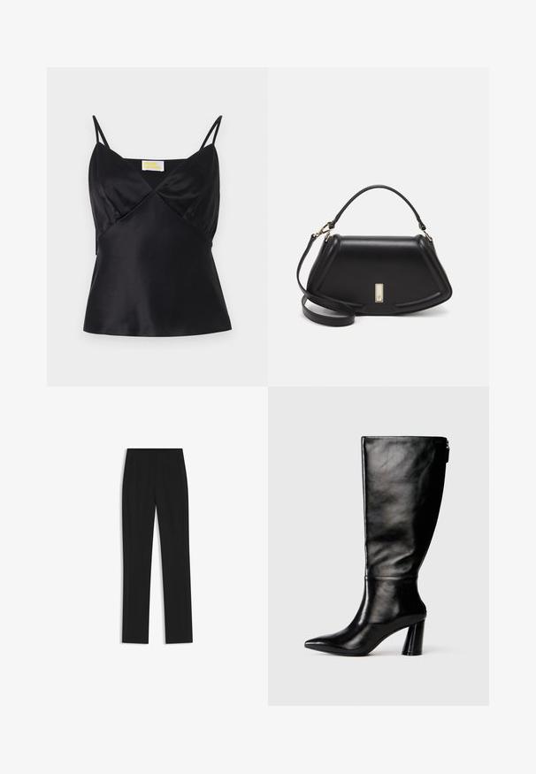 Black satin camisole featuring thin adjustable straps, a V-neckline, and a fitted silhouette with a subtle sheen and smooth texture.; Black tailored trousers with a straight-leg design, featuring front pockets and a smooth, textured fabric. Neat, minimal detailing.; Knee-high black leather boot with a pointed toe, smooth texture, and a chunky heel. Features a zipper detail at the back.; Black leather handbag with a structured design, featuring a cropped shape, top handle, and gold hardware accent. Adjustable shoulder strap included.