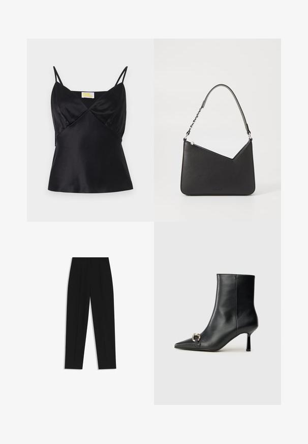 Zwarte satijnen camisole met dunne verstelbare bandjes, een V-halslijn en een aansluitende silhoutte met een subtiele glans en een zachte textuur.; Zwarte broeken met een rechte pasvorm, voorzien van dubbele plooien, een zachte textuur en een klassiek taillebandontwerp. Geen zichtbare hardware of accenten.; Zwarte leren enkelboot met spitse neus, slanke middenhoge hak en zilveren gespdetail aan de zijkant op een effen achtergrond.; Zwart leren handtas met een driehoekige vorm, een slanke strap en zilveren hardware. Voorzien van een ritssluiting en een reliëflogo op de voorkant.