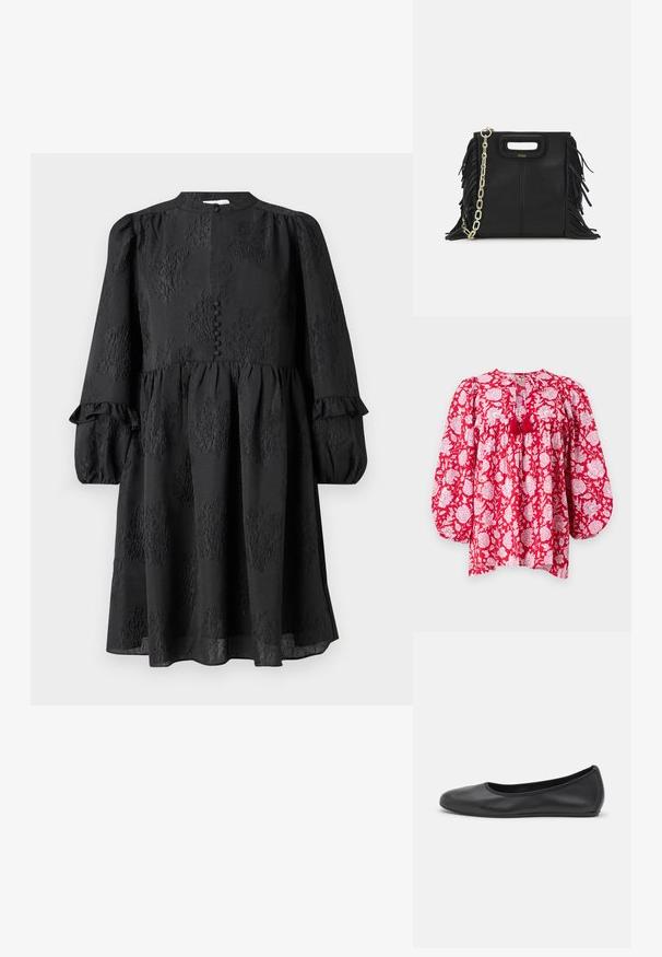 MILLE CHARLIE - Pluus - red; Hofmann Copenhagen ERLA - Päevakleit - black; Musthave mustika tantsutossud mustast nahast, ümmarguse varbaga, siledast tekstuurist, minimaalse õmblusdetailiga ja paindliku tallakujundusega.; Musta nahk käekott, millel on frantsiisid, kuldne ahelsanga ja lõigatud käepide. Esiosas on logot.