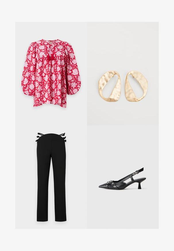 MILLE CHARLIE - Bluse - red; Sorte bukser med lige ben-design, der har en talje med sorte bånddetaljer på ryggen. Glat stof uden synlige mønstre.; Sort lædersandal med spids tå, dekorative stropper med metaløjer og en lav blokhæl. Struktureret overflade.; Et par uregelmæssige ovalformede øreringe i guldtonet metal med en tekstureret, let hamret overflade på en hvid baggrund.