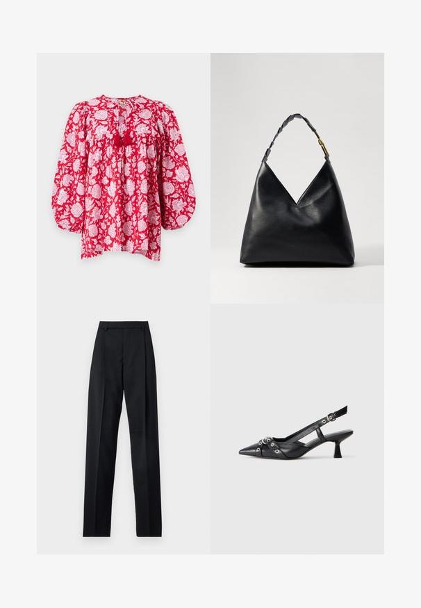 MILLE CHARLIE - Blus - red; Svarta byxor i mjukt tyg med hög midja, vida ben, framfickor och klassiska bältesöglor. Inga sidofickor synliga.; Svart lädersko med slingback-design, spetsig tå, dekorativa remmar med metallöglor och en låg klack. Texturerad yta.; Svart läderväska med triangulär design, med ett flätat handtag och detaljer i guld. Slät yta och strukturerad form.