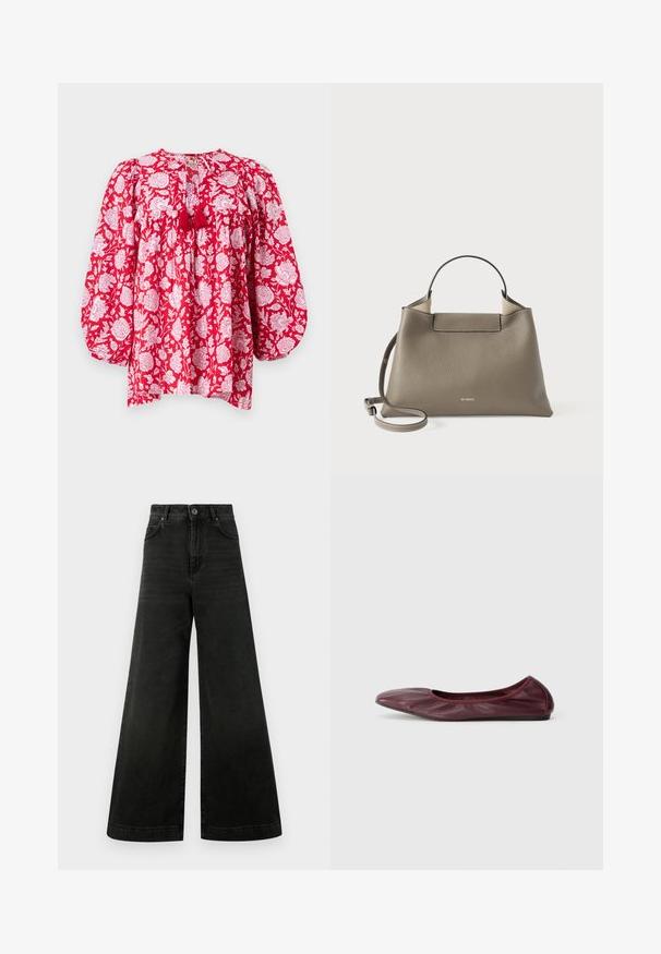 MILLE CHARLIE - Bluse - red; Højttaljede, vide jeans i mørk sort denim. Funktionerne inkluderer en knaplukning, forlommer og en glat tekstur med minimal falmning.; Balletflade i dyb burgundy læder, med rund tå, elastisk kant og glat tekstur med diskret plissering.; Skræddersyet gråt læderhåndtaske med et topgreb og justerbar skulderrem, der har et minimalistisk design og diskret branding præget på forsiden.