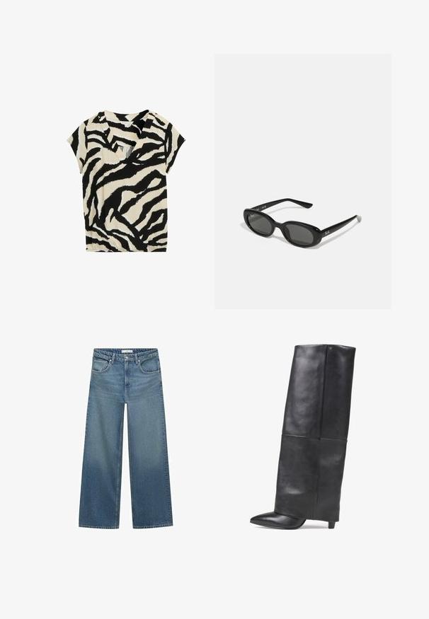 Short-sleeve, v-neck top featuring a black and cream zebra stripe pattern; made of soft fabric with a relaxed fit and subtle sheen.; Light blue wide-leg jeans made from denim, featuring a mid-rise waist, two front pockets, and classic stitching details.; Bronx JADEY - Boots - black; Black sunglasses with oval lenses, glossy plastic frame, and slender arms. Features Ray-Ban logo in white on the side.; Black faux leather tote bag with a crocodile texture, wide base, elongated sides, dual handles, and a gold-tone clasp detail.; Three rings: a textured gold band, a black glossy band, and a patterned brown and white band with wavy lines.