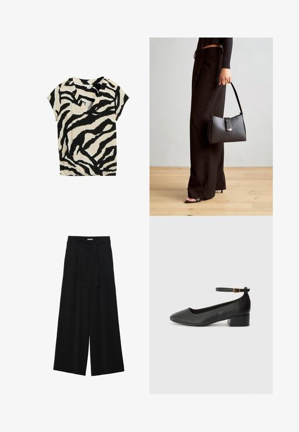 Kurzarmpullover mit V-Ausschnitt und einem schwarz-creamfarbenen Zebramuster; aus weichem Material mit lockerer Passform und subtiler glänzender Oberfläche.; Schwarze weite Hosen aus strukturiertem Stoff, mit elastischem Bund und einem abnehmbaren Bindegürtel in der Taille für eine verstellbare Passform.; Schwarze Lederpumps mit spitzem Zehenbereich und niedrigem Blockabsatz. Mit einem Knöchelriemen und einer goldfarbenen Schnalle. Glatte Textur.; Schwarze Handtasche mit strukturierter Form, glatter Textur und einem metallischen Verschluss. Kombiniert mit weiten schwarzen Hosen und offenen Sandalen auf einem Holzboden.