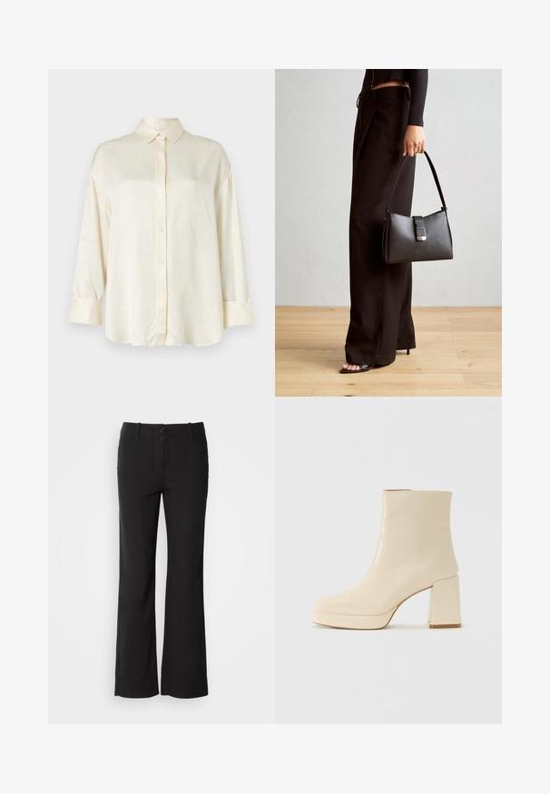 Kreemivärvi pikkade varrukatega särk, millel on nööpidega eesmine osa, terav krae ja mansetid, valmistatud siledast kangast.; Mustad puuvillasegu püksid sirge lõikega, ees nupuga kinnitamine ja kaks külge taskut. Sile tekstuur, nähtavaid mustreid ei ole.; Beige nahkaste kõrged saapad plokknõelaga ja platvormpõhjaga, siledat viimistlust ja kergelt ruudukujulist varvatoe, vasakul valgel taustal.; Must musta kott, millel on struktureeritud kuju, sile tekstuur ja metallist klamber. Kombineeritud laiate mustade pükstega ja avatud varvaste sandaalidega puidust põrandal.