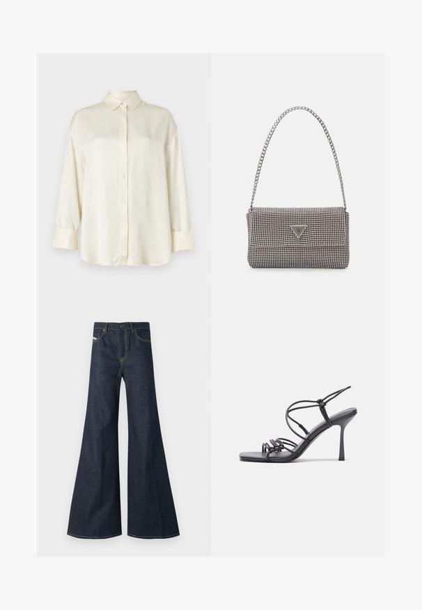 Kremna dolga majica z dolgimi rokavi z gumbi spredaj, koničast ovratnik in manšete narejene iz gladkega materiala.; Temno modri široki jeans iz denima, z visokim pasom, z zlatimi niti in dvema sprednjima žepoma z gumbom.; Črne visoke sandale na peto imajo tanke naramnice z vozlom, gladek kvadratni toe in eleganten stiletto peto.; Svetlo siva kovinska torbica z verižnim ročajem, okrašena z majhnimi okroglimi kovinskimi bleščicami in trikotnim logotipom blagovne znamke.; Srebrne obročaste uhane z gladko, sijočo površino. Zaobljena oblika, lahka zasnova, z zapiranjem na zatič.