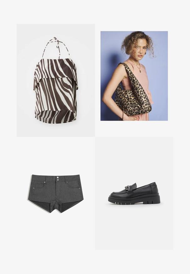Rjava in krema off-the-shoulder zgornji del s potiskom zebra, izdelan iz lahkega materiala, z nastavljivimi trakovi in razširjenim robom.; Sivi jeans kratke hlače z dvema sprednjima žepoma, dvema sprednjima gumboma in prilegajočim dizajnom. Tkanina ima gladko teksturo.; Črne loafer čevlje z debelim platformnim podplatom, gladkim usnjenim zgornjim delom, dekorativnim verižnim okrasom in rahlim petami z vdrto podrobnostjo.; Ženska s kodrastimi lasmi, oblečena v roza brezrokavnik in zlato srčno ogrlico, nosi veliko torbo z leopardjim potiskom.