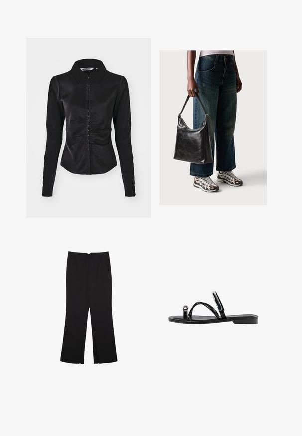 Magnifica camicia nera a maniche lunghe con colletto, caratterizzata da un design arricciato sul davanti e chiusura con bottoni, realizzata in un tessuto morbido.; Pantaloni neri a gamba dritta, con tasche frontali e spacchi laterali all'orlo. Realizzati in tessuto morbido e liscio. Adatti a diverse occasioni.; Infradito neri con una finitura lucida, tre sottili cinturini e un dettaglio hardware circolare sulla punta. Design elegante con un tacco minimale.; Borsa a tracolla nera in pelle con una texture liscia e tracolla regolabile, abbinata a jeans ampi sbiaditi e sneakers sportive.
