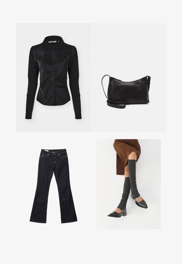 Sort langærmet skjorte med krave, som har en rynket frontdesign og knaplukning, lavet af et glat stof.; Mørkeblå denim bukser med flared ben, fem lommer, kobbernitter og kontrastsyet. Glat tekstur med en lige, afslappet pasform.; Sorte patenterede lædersko med spids tå, blokhæl og ankelrem, kombineret med grå ribbede benvarmere og en brun ruskinds nederdel.; Sort læder skuldertaske med en glat tekstur, buet form, justerbar rem og lynlås. Minimalistisk design uden udsmykninger.