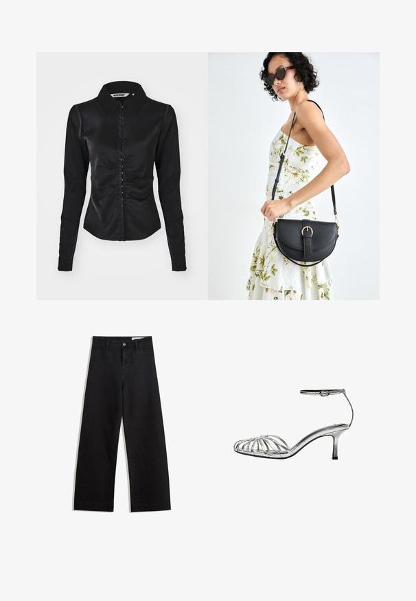 Black long-sleeve shirt with a collared neck, featuring a ruched front design and button closure, made from a smooth fabric.; Black wide-leg denim pants with a high waist, featuring front and back pockets, stitched seams, and a button closure. Smooth texture.; Silver strappy sandal with a low heel, featuring multiple crisscross straps, an ankle strap with a buckle, and a smooth, shiny texture.; Black leather handbag with a curved shape, detachable strap, and gold hardware. The bag features a flap with a buckle detail.