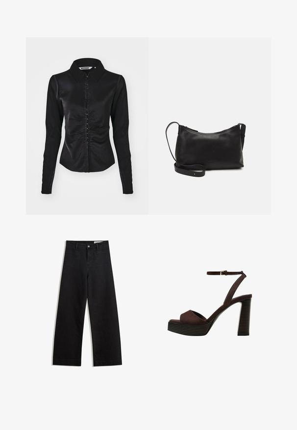 Mustapaita pitkällä hihalla ja kauluksella, jossa on rypytetty etuosasuunnittelu ja nappikiinnitys, valmistettu sileästä kankaaasta.; Mustat leveät farkut korkealla vyötäröllä, joissa on etu- ja takataskut, ommellut saumat ja nappisuljenta. Silkinoinen rakenne.; Ruske kožne sandale s visokom potpeticom, otvorenim prstima, podesivim kopčanjem oko gležnja i prugastim platformskim đonom.; Musta nahkainen olkalaukku, jossa on sileä pinta, kaareva muoto, säädettävä hihna ja vetoketjukiinnitys. Minimalistinen muotoilu ilman koristeita.