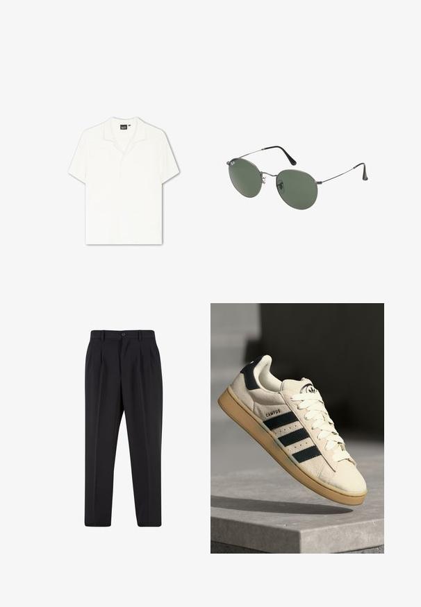 Camisa de manga corta en blanco roto con un patrón texturizado de rayas y un cuello con solapa. Parte delantera lisa sin botones ni adornos visibles.; Camiseta blanca de algodón con mangas cortas, cuello redondo, corte relajado y sin logotipos ni patrones visibles. Textura suave y diseño minimalista.; Pantalones negros con un diseño de frente plisado, hechos de una tela suave. Cuentan con un cierre de botón y pasadores para cinturón; corte recto.; Zapatilla de ante beige con tres rayas azul marino, cordones blancos y una suela de goma color cuero. Presenta un logo en la lengüeta y el texto "CAMPUS".; Gafas de sol con marco de metal y lentes ovalados verdes. Marco delgado de metal plateado y puntas de las orejas negras. Diseño minimalista, sin logotipos visibles.