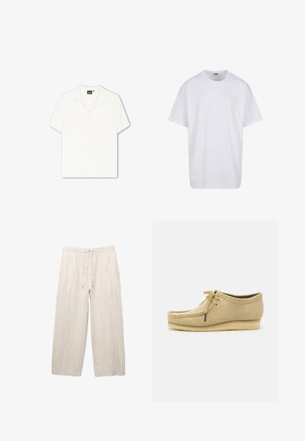Tričko s krátkym rukávom v off-white farbe so štruktúrovaným pruhovaným vzorom a golierom. Jednoduchý predok bez viditeľných gombíkov alebo akcentov.; Biela bavlnená tričko s krátkymi rukávmi, okrúhlym výstrihom, uvoľneným strihom a žiadnymi viditeľnými logami alebo vzormi. Hladká textúra a minimálny dizajn.; Ľanové nohavice v svetlej béžovej farbe, s elastickým pásom na šnúrku, širokým strihom a bočnými vreckami. Hladká textúra.; Bežové semišové topánky s dizajnom na šnurovanie, prešívaním a gumovou podrážkou. Tvar je neformálny s mierne vyvýšeným opätkom.