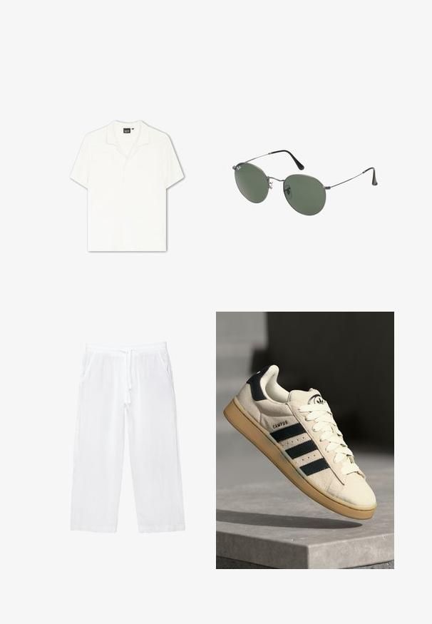 Kratka majica s kratkimi rokavi v off-white barvi z teksturiranim, prugastim vzorcem in ovratnikom. Spredaj je enostavna, brez vidnih gumbov ali akcentov.; Bela bombažna majica s kratkimi rokavi, okroglo izrezana in udobnega kroja. Gladka tekstura brez vidnih vzorcev ali dekoracij.; Beli laneni kratki hlače z elastičnim pasom, vrvico in dvema stranskima žepoma. Gladka tekstura in lahka zasnova za udobje.; Bež nubuk tenisice s tremi temno modrimi črtami, belimi vezalkami in svetlo rjavim gumijastim podplatom. Vključuje logo na jezikcu in besedilo "CAMPUS".; Sončna očala z ovalnimi zelenimi lečami v kovinskem okvirju. Tanjši srebrni kovinski okvir in črne ušesne konice. Minimalistična zasnova, brez vidnih logotipov.