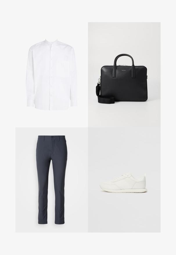 Witte blouse met lange mouwen en een bandkraag, met een knoopsluiting aan de voorkant en een enkele borstzak. Gemaakt van soepel katoen.; Marine stretch broek met een slim fit, gladde structuur, voorzakken en een knoopsluiting. Ontworpen voor comfort en bewegingsvrijheid.; Witte sneaker met een bovenwerk van mesh en synthetisch materiaal, ronde neus, platte veters en een getextureerde zijstrip. Rubberen zool met een lusje aan de achterkant.; Zwart leren aktetas met een gestructureerde afwerking, dubbele handgrepen, afneembare schouderriem en een logo-detail aan de voorkant. Ritssluiting.