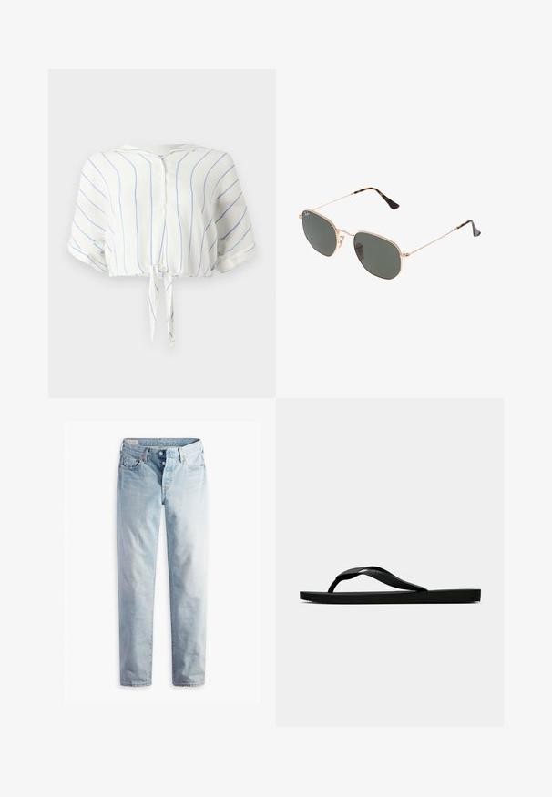 Hvitt kortermet bluse med blå vertikale striper, knytedesign foran og knappelukking ved halsen. Mykt, lett stoff.; Lyseblå denimjeans med rett ben, to frontlommer og to baklommer. Inkluderer to-knapps glidelås og subtil søm.; Svarte gummiflip-flopsandaler med en teksturert stropp og enkel flat såle, vist fra siden på en enkel lys bakgrunn.; Gull metallrammede solbriller med mørkegrønne linser, pilotstil, med slanke armer og skilpaddeskall detaljer på tuppene.; Brun monogrammert lærveske med gullkjede-stropp, glidelås som lukking, og en flat, rektangulær form. Har en logo preget på fronten.