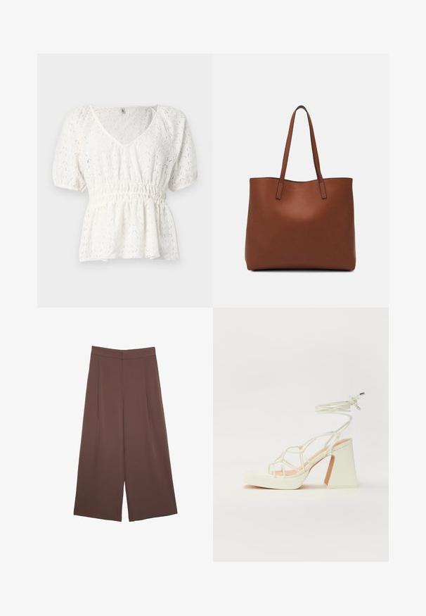 Hvid kortærmet top lavet af tekstureret stof med V-udskæring, elastisk talje og et indviklet diamantmønster over det hele.; Brune bredbunde bukser med en glat tekstur, der har høj talje og plisseringer foran. Stoffet er let og falder løst.; Hvide højhælede sandaler med en kraftig hæl, der har et stropdesign og ankelbinding. Glat tekstur med en platform foran for ekstra højde.; Brun læder tote taske med en glat overflade, åben topdesign og to skulderremme. Har minimal syning og ingen synlig hardware.