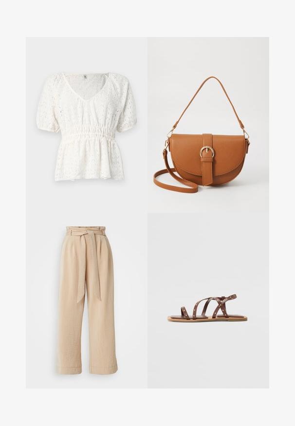 Top blanc à manches courtes en tissu texturé avec un décolleté en V, une taille élastique et un motif en diamant complexe sur l'ensemble.; Pantalons beige à jambe large avec une taille ceinturée, fabriqués en tissu texturé. Présente un pli avant et une finition lisse le long de l'ourlet.; Sandales en cuir marron avec plusieurs brides croisées, agrémentées de clous dorés, semelle plate et design minimaliste.; Sac bandoulière en cuir marron avec une forme incurvée, quincaillerie dorée et un accent en boucle. Comprend une bandoulière détachable.