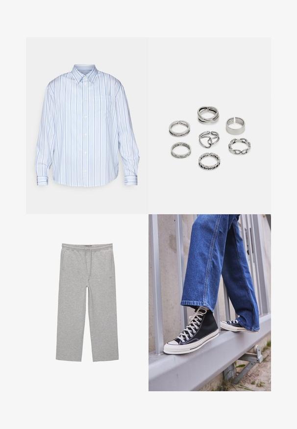 Sininen ja valkoinen raidallinen pitkähiha-paita, jossa on nappikaulus, rintatasku sekä napit edessä ja hihansuissa.; Harmaat puuvillaiset olohousut, joissa on elastinen vyötärö, nauhakuja ja kaksi sivutaskua; suora lahkeiden muotoilu, pehmeä kangas, ilman kuvioita.; Mustat high-top tennarit valkoisella pohjalla ja nauhoilla, yhdistettynä väljään sinisiin farkkuihin, lepäävät harmaalla kaiteella.; Setti seitsemän hopeasormusta, joissa on erilaisia muotoiluja, kuten kierrettyjä, linkitettyjä ja kaiverruksilla varustettuja kuvioita. Eri muotoja ja leveydet.