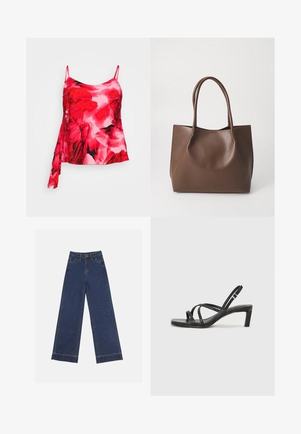 Top brez rokavov z cvetličnim vzorcem v odtenkih rdeče in roza, izdelan iz gladkega, lahkega blaga, z drapiranjem na strani in nastavljivimi naramnicami.; Široke traperice v temno modrem denimu. Imajo pet žepov, zanke za pas in surov rob na dnu z vidnimi šivi.; Črne natikače s trakovi in kvadratnim prstom ter nizkim blokastim peto. Imajo več tankih trakov in nastavljiv trak okoli gležnja. Narejene so iz gladkega usnja.; Rjava usnjena torba z dvema dolgima ročajema, strukturirane oblike, gladke teksture in minimalisticnega dizajna. Ni vidne strojne opreme ali dodatkov.