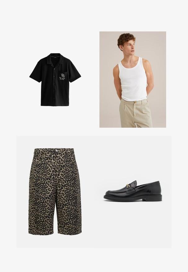 Must be shirt lühikeste varrukatega, pehmest kangast, millel on nupu ees, terav krae ja vasakul rinnal tasku, millel on kotka ja tekstiga kujundus.; Valge puuvillane tank top ümarate kraega ja laia rihmaga, koos heleda beeži pükste paariga, mis on varustatud nupu ja volangidega.; Leopardimusteriga denim-lühikesed püksid maalikates toonides, varustatud nööpe closure, viie tasku ja relaxed fit'iga.; Mustad nahast loafers ümarate varvastega, millel on kuldne riistvaraline aksessuaar ja tikandite detail, paigutatud madalale, tekstureeritud kummist tallale.