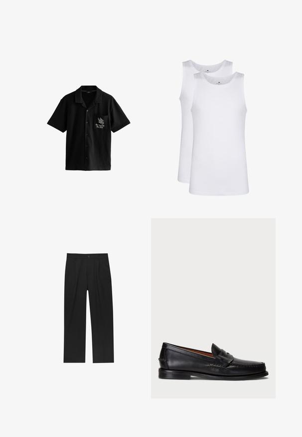 Schwarzes Kurzarmhemd aus weichem Stoff, mit Knopfleiste, spitzem Kragen und einer linken Brusttasche, die ein Adler- und Textdesign zeigt.; Weiße Baumwoll-Tanktops, ärmelloses Design, runder Ausschnitt, schlichte Textur, aus einem weichen, leichten Stoff. Zwei Stücke ausgestellt.; Schwarze Hose mit geradem Schnitt, aus einem glatten Stoff gefertigt. Verfügt über Vorderfalten und einen einzelnen Knopfverschluss an der Taille.; Schwarze Lederloafer mit abgerundetem Zeh, gesteppten Details und einem dekorativen Riemen an der Vorderseite. Flache Sohle mit minimalem Profil.