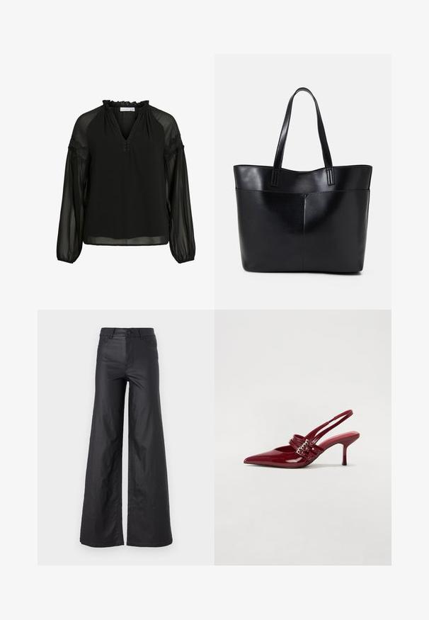 Melna blūze ar V veida kakla izgriezumu, volānveida apkakli, caurspīdīgām garām piedurknēm un mežģīņu akcentiem uz pleciem. Viegls, plūstošs audums.; Melni, plata kāju bikses no mākslīgās ādas. Iespējas ietver augstu jostasvietu, jostu cilpas, divas priekšu kabatas un izšuvumu detaļas.; Sarkana lakota ādas kurpju kurpes ar atvērtu papēdi, norādītu purngalu, divām sprādzēm un slaidu, vidēja augstuma stiletu papēdi. Gluda tekstūra.; Melnas ādas iepirkumu soma ar divām garām rokturām, gludu tekstūru un strukturētu formu. Iekļauj priekšējo kabatu papildu uzglabāšanai.