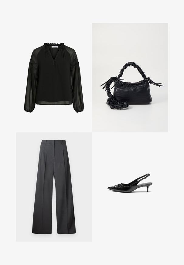 Blusa nera con scollo a V, colletto arricciato, maniche lunghe trasparenti e dettagli in pizzo sulle spalle. Tessuto leggero e fluido.; Pantaloni a gamba larga in tessuto grigio scuro, con vita alta, pieghe singole e una texture liscia con una finitura pulita sui orli.; Tacchi slingback in pelle nera con punta affusolata, piccolo tacco kitten e un dettaglio a nodo decorativo sulla parte anteriore. Texture liscia su tutta la superficie.; Borsa a tracolla in ecopelle nera con texture a coccodrillo, apertura cinchata e tracolla arricciata. Si presenta con un design morbido e compatto.