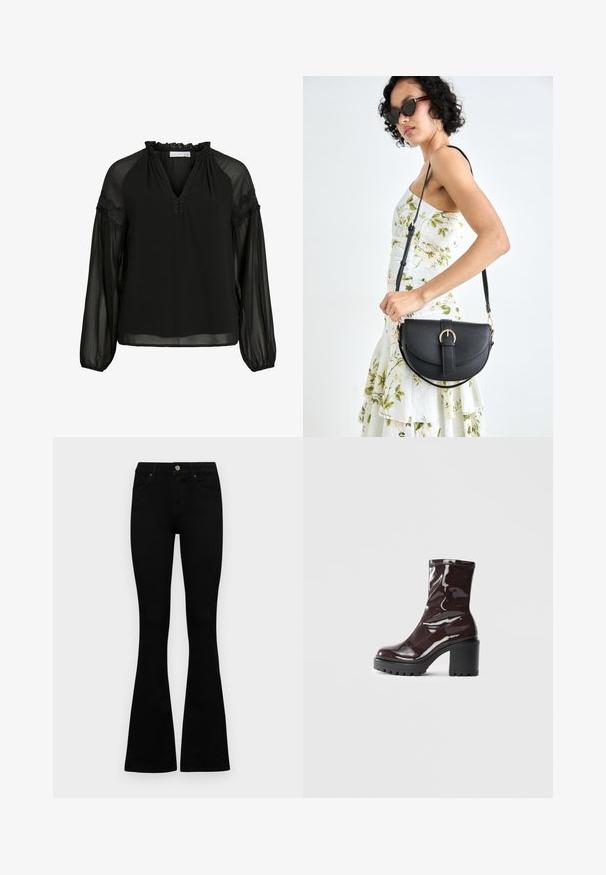 Bluză neagră cu decolteu în V, guler pliat, mâneci lungi translucide și detalii din dantelă pe umeri. Material ușor, fluid.; Jeans negri cu talie înaltă, cu închidere prin nasture și fermoar, buzunare frontale și picioare evazate, așezați pe un fundal alb.; Botine lucioase burgundy, cu toc gros negru, având o textură netedă și un design simplu. Fără închideri sau modele vizibile.; Geantă din piele neagră, cu o formă curbată, curea detașabilă și accesorii aurii. Geanta are un capac cu un detaliu tip cataramă.
