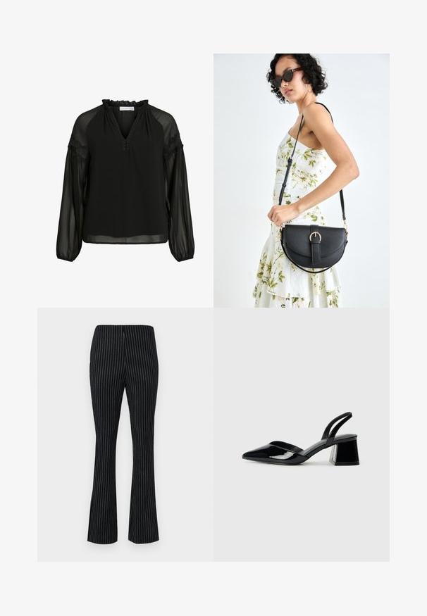 Fekete blúz V-nyakkivágással, fodros nyakkal, áttetsző hosszú ujjakkal és csipke díszítéssel a vállakon. Könnyű, lehelet finom anyag.; Fekete, harangszabású nadrág fehér függőleges csíkokkal, rugalmas derékrésszel és sima, texturált anyaggal.; Fekete lakk bőr szandálkés magas sarkú cipő, hegyes orral és geometrikus tömbsarkakkal. Karcsú, minimalista dizájn és sima textúra jellemzi.; Fekete bőrtáska ívelt formával, levehető pánttal és arany színű fémrészekkel. A táskán egy csattal díszített fedél található.