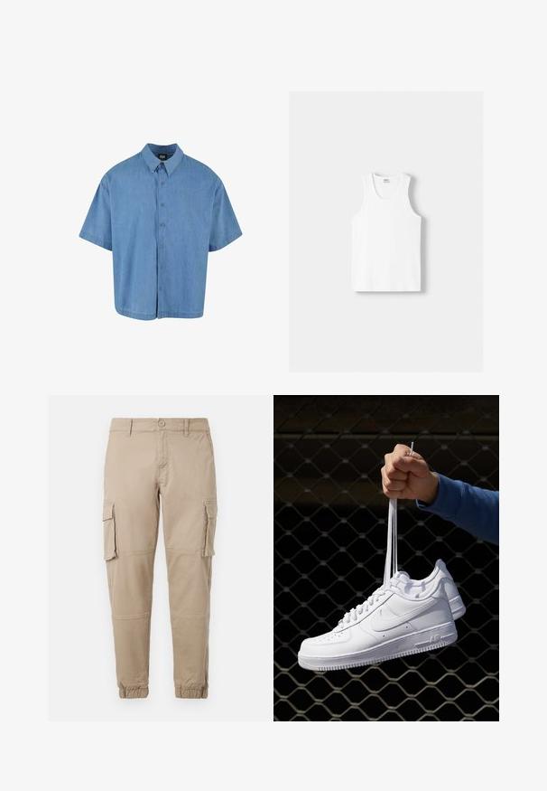 Világoskék rövid ujjú, gombos ing, amely denim anyagból készült. Klasszikus gallérral rendelkezik, és hat gombos záródás található az elején.; Fehér pamut ujjatlan felső kerek nyakkivágással, széles vállpántokkal és egyenes szegéllyel, sima textúrával, látható minták nélkül.; Beige színű cargo nadrág könnyű pamut anyagból. Rugalmas mandzsettákkal, több oldalsó zsebbel és gombos záródással rendelkezik.; Fehér bőr sportcipők perforációval, kerek orral, lapos talppal és vastag fűzőkkel, látható swoosh logóval és "AIR" felirattal a sarokrészen.