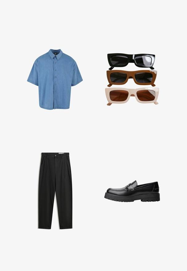 Jasnoniebieska koszula z krótkim rękawem zapinana na guziki, wykonana z denimu. Posiada klasyczny kołnierzyk i sześć guzików z przodu.; Czarne bawełniane spodnie o luźnym kroju, z klasycznym pasem, przednimi plisy oraz bocznymi kieszeniami. Gładka struktura, bez wzorów.; Czarne skórzane mokasyny z grubą, bieżnikowaną podeszwą i dekoracyjnym paskiem na górze, pokazane w lewym profilu na białym tle.; Trzy pary prostokątnych okularów przeciwsłonecznych. Góra: błyszczące czarne oprawki z ciemnymi soczewkami. Środek: matowe brązowe oprawki. Dół: kremowe oprawki z brązowymi soczewkami.