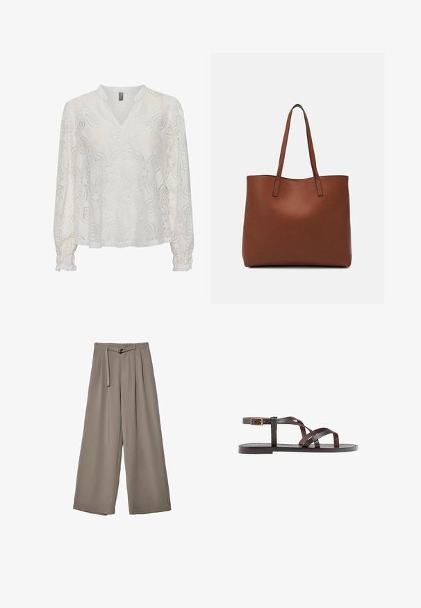 Blusa in pizzo color avorio con scollatura a V, maniche lunghe a palloncino, motivo floreale e polsini arr gathered. Tessuto leggero e testurizzato.; Pantaloni a gamba larga in un morbido tessuto grigio tenue, con vita con cintura e pieghe per un tocco di design aggiuntivo. Texture liscia, senza motivi.; Sandal in pelle marrone con cinturini incrociati, chiusura con cinturino alla caviglia e suola piatta con dettagli di cucitura minimi.; Borsa tote in pelle marrone con texture liscia, design con apertura superiore e due spallacci. Presenta cuciture minime e nessun hardware visibile.