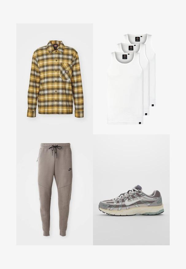 Gevlekte flanellen shirt in geel, zwart en wit. Heeft een voorzak, knoopsluiting, lange mouwen en een standaardkraag.; Drie witte geribde tanktops van katoen. Kenmerken zijn een ronde hals en kleine zwarte labels nabij de zoom. Verkrijgbaar in meerdere maten.; Grijze Nike-sweatpants met een verstelbare tailleband, taps toelopende benen, zijzakken en opvallende naaddetails. Zachte, gestructureerde stof.; Grijze sportieve schoen met een bovenwerk van mesh en suede, witte accenten, een gevoerde zool en een onderscheidend ontwerp met reflecterende elementen.