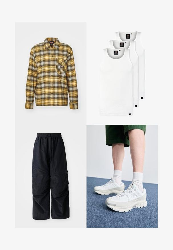 Karierte Flanellhemd in Gelb, Schwarz und Weiß. Verfügt über eine Brusttasche, Knopfverschluss, lange Ärmel und einen klassischen Kragen.; Drei weiße, gerippte Tanktops aus Baumwolle. Merkmale einen Rundhalsausschnitt und kleine schwarze Etiketten am Saum. In mehreren Größen erhältlich.; Schwarze, leichte Nylon-Cargohosen mit elastischem Bund, verstellbarem Kordelzug und mehreren geschichteten Taschen an den Beinen.; Weiße Sportschuhe mit strukturierten Überzügen, einer dicken Sohle und grauen Akzenten. Tragen mit weißen Crew-Socken und grünen Shorts auf einer blauen Oberfläche.