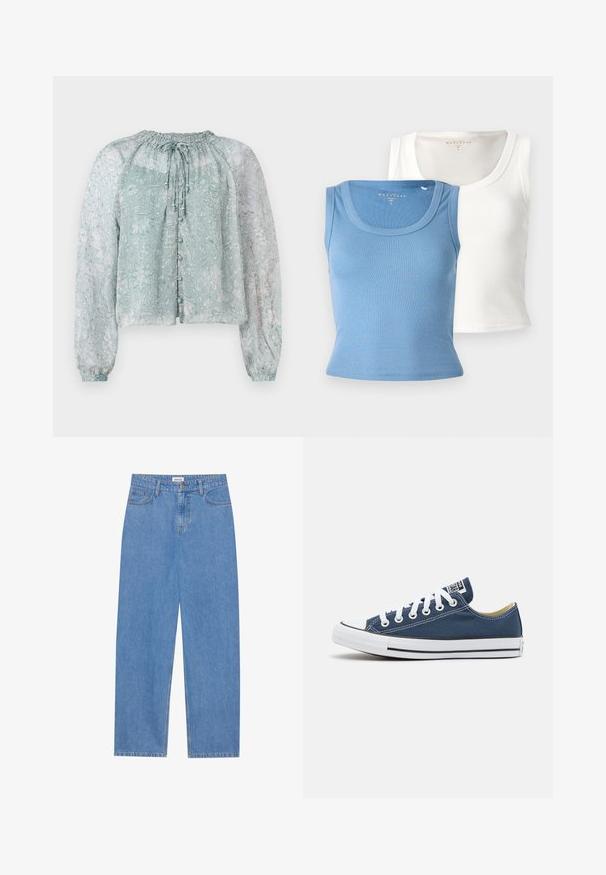 Blusa semi-translúcida azul claro con patrón floral, cuello fruncido, mangas largas abullonadas y cierre de botones en la parte delantera.; Dos camisetas de tirantes acanaladas: una azul clara y una blanca. Cada una presenta un escote redondeado y una silueta ajustada, enfatizando la textura de la tela.; Jeans de mezclilla azul claro con corte recto, diseño de cinco bolsillos, cierre de un solo botón y detalles de costura sutiles en las costuras.; Zapatillas de lona en azul marino con ojales y cordones blancos, con una puntera de goma blanca y una franja negra a lo largo de la suela.