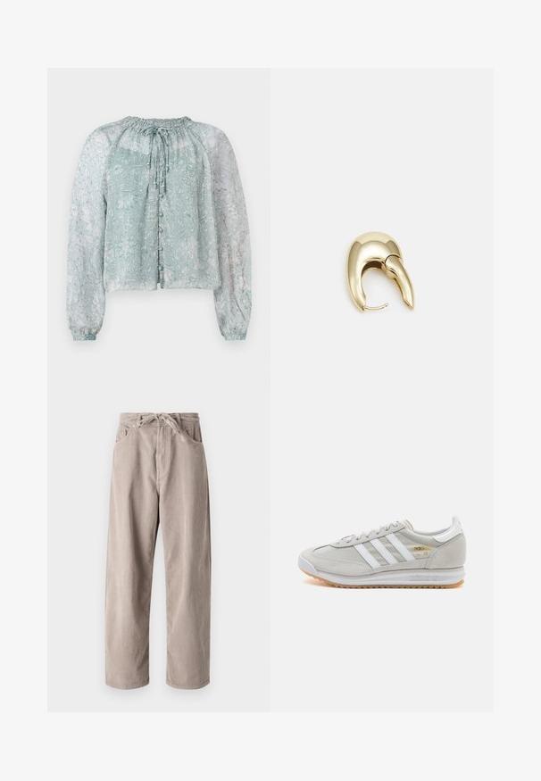 Blouse légère bleu clair en tissu transparent avec un motif floral, encolure froncée, manches bouffantes longues et fermeture à boutons sur le devant.; Pantalons en velours côtelé beige à coupe ample, dotés d'une taille à cordon, de deux poches avant et d'une texture côtelée verticale.; Basket en cuir suédé et mesh gris clair, avec trois bandes blanches, bout rond et semelle en caoutchouc naturel. Accent logo doré près des lacets.; Boucle d'oreille en métal doré avec un design élégant et courbé. Présente une forme conique distinctive, une surface polie et une fermeture à charnière.