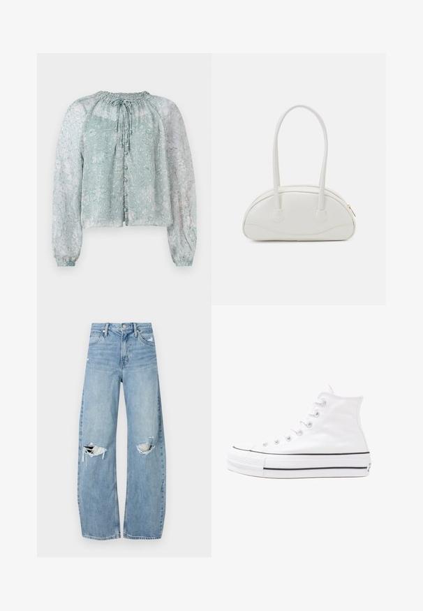 Jasnoniebieska, przezroczysta bluzka z kwiatowym wzorem, z zebranym dekoltem, długimi bufkami i zapięciem na guziki z przodu.; Jasnoniebieskie, wysokiej talii dżinsy wykonane z denimu. Posiadają szerokie nogawki, dwa podarte miejsca na kolanach oraz klasyczne pięć kieszeni.; Białe wysokie trampki z płótna z czarną gumową podeszwą, przednim czubkiem z gumy i sześcioma dziurkami na sznurowadła, charakteryzujące się prostym, minimalistycznym designem.; Even&Odd - Torebka