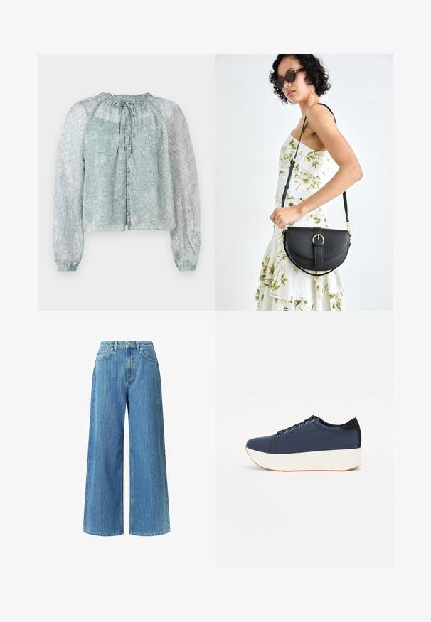 Világoskék, áttetsző blúz virágmintával, ráncolt nyakkal, hosszú puffos ujjal és gombos záródással elöl.; Világoskék farmer széles lábszárú nadrág, magas derékkal, két elülső zsebbel, övhurkokkal és diszkrét mintázattal.; Sötétkék sportcipő, texturált szövet felsőrész, fehér platform talp, lekerekített orr és fekete sarok akcentussal. Hat fűzőlyuk található rajta.; Fekete bőrtáska ívelt formával, levehető pánttal és arany színű fémrészekkel. A táskán egy csattal díszített fedél található.