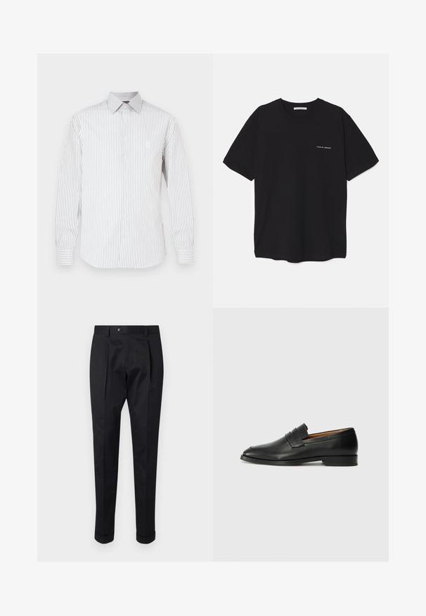 Wit shirt met lange mouwen met dunne verticale grijze strepen, knopen aan de voorkant, puntkraag en geborduurd logo op de borst.; Zwarte katoenen T-shirt met een ronde hals, korte mouwen en een witte logo-print op de linkerkant van de borst. Eenvoudig, effen kleur ontwerp.; Zwarte broek gemaakt van een gladde stof, met een plooi aan de voorkant, een knopen sluiting en opgerolde manchetten bij de enkels.; Zwarte leren instapper met een ronde neus, subtiele stikdetails en een lage hak, met een gladde textuur en een minimalistisch ontwerp.