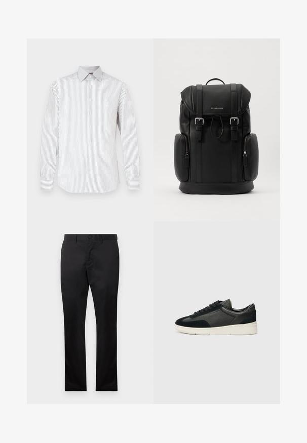 Fehér hosszú ujjú ing vékony függőleges szürke csíkokkal, gombos elülső résszel, hegyes gallérral és hímzett logóval a mellkason.; Fekete pamut nadrág egyenes láb kialakítással, elülső gombos zárással és oldalsó zsebekkel, sima textúrával, látható minták nélkül.; Alacsony szárú sportcipők fekete velúrból és texturált bőrből készült kombinációval, fehér gumi talppal és fekete fűzővel. Diszkrét logó az oldalon.; Fekete bőr hátizsák struktúrált felülettel, fedélzáras kialakítással, fémszerelvényekkel, oldalsó cipzáras zsebekkel és márkajelzéssel az elején.