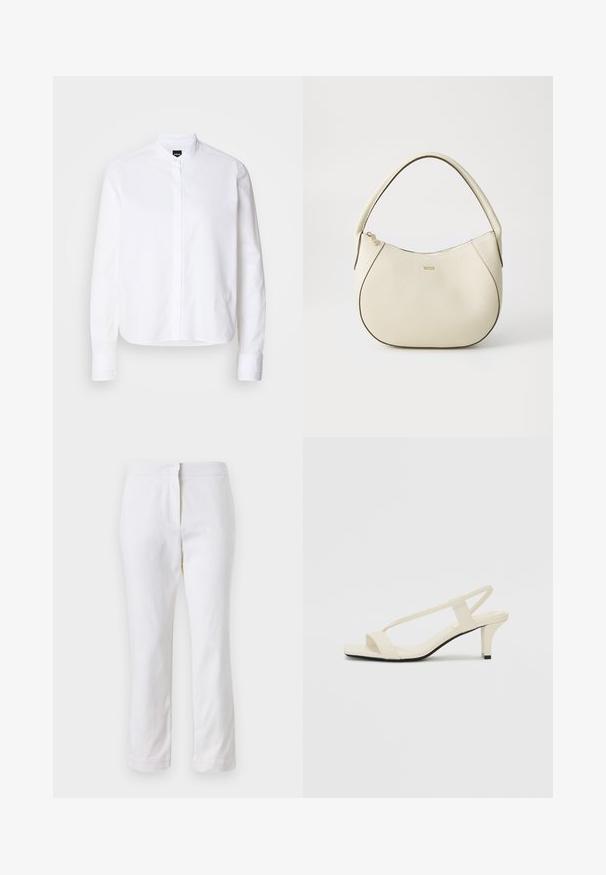 Bílá košile s límečkem, s předním límcem, dlouhými rukávy a knoflíkovými manžetami. Vyrobená z hladkého bavlněného materiálu s pevným střihem.; Bílé bavlněné kalhoty s rovnou nohavicou, s středně vysokým pasem a bez viditelných kovových prvků nebo vzorů. Hladká textura po celém povrchu.; Krémové sandály na bloku s tenkými popruhy a čtveratou špičkou. Hladký materiál s minimálními detaily, navržené pro snadné nošení.; Kabelka krémové barvy s texturovaným povrchem, zakřiveným tvarem, krátkým uchopením a zlatým logem. Zapínání na zip na vrchu.