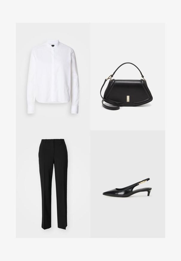 White collared shirt with a front placket, long sleeves, and button cuffs. Made from smooth cotton fabric with a structured fit.; Black tailored trousers with a straight-leg design, featuring a smooth texture and crisp creases along the front. No visible hardware.; Black leather slingback heels with a pointed toe, featuring a slim heel and a gold-tone accent on the adjustable strap. Smooth texture.; Black leather handbag with a structured design, featuring a cropped shape, top handle, and gold hardware accent. Adjustable shoulder strap included.